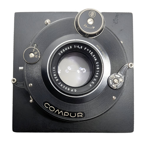 C.P. Goerz Dogmar 125mm (12.5cm) 4.5 Lens on Compur shutter w/ Graflex board.