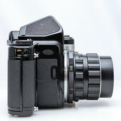 Pentax 67 SLR mirror up film camera w/Super -multi-coated Takumar 105mm f2.4 lens, and handle