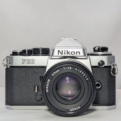 Chrome Nikon FE2 35mm Film Camera w. Nikkor50mm f1.8 lens