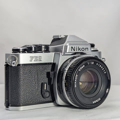 Chrome Nikon FE2 35mm Film Camera w. Nikkor50mm f1.8 lens