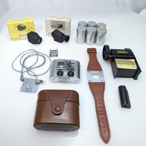Tessina 35 Subminiature 35mm film  camera  with Leather case, film cassettes, film loader and other accessories